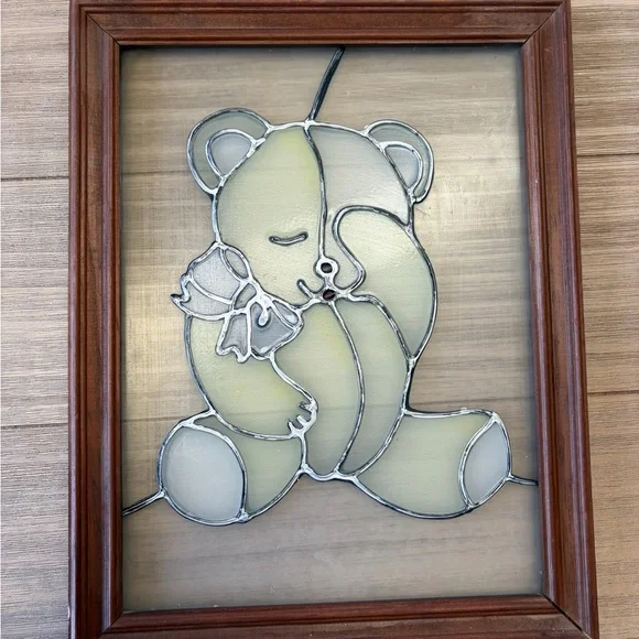 Vintage Stained Glass Teddy Bear Wall Art OOAK